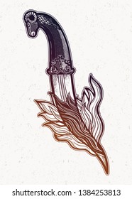 Tattoo flash dagger with ram head, on fire. Romantic flesh art festival poster. Vector illustration isolated. Tattoo design, music symbol for your use.