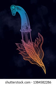 Tattoo flash dagger with ram head, on fire. Romantic flesh art festival poster. Vector illustration isolated. Tattoo design, music symbol for your use.