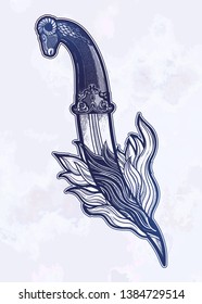 Tattoo flash dagger with ram head, on fire. Romantic flesh art festival poster. Vector illustration isolated. Tattoo design, music symbol for your use.