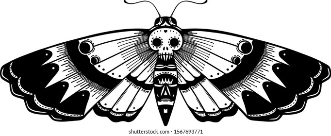 tattoo flash of a deaths head moth in a day of the dead inspired style