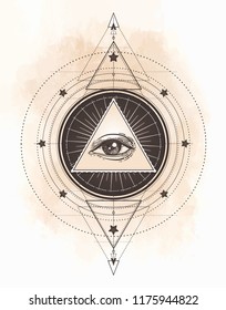 Tattoo flash. Eye of Providence. Masonic symbol. All seeing eye inside triangle pyramid. New World Order. Sacred geometry, religion, spirituality, occultism. Isolated vector illustration.