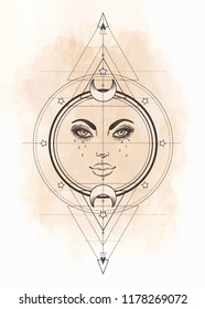 Tattoo flash. Eye of Providence. Masonic symbol. All seeing eye inside triangle pyramid. New World Order. Sacred geometry, religion, spirituality, occultism. Isolated vector illustration.