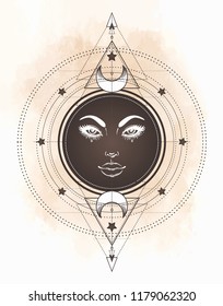 Tattoo flash. Eye of Providence. Masonic symbol. All seeing eye inside triangle pyramid. New World Order. Sacred geometry, religion, spirituality, occultism. Isolated vector illustration.