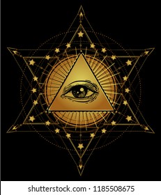 Tattoo flash. Eye of Providence. Masonic symbol. All seeing eye inside triangle pyramid. New World Order. Sacred geometry, religion, spirituality, occultism. Isolated vector illustration.