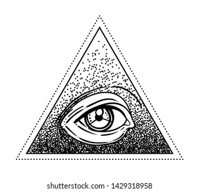 Tattoo flash. Eye of Providence. Masonic symbol. All seeing eye inside triangle pyramid. New World Order. Sacred geometry, religion, spirituality, occultism. Isolated vector illustration.