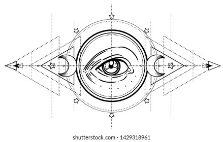 Tattoo flash. Eye of Providence. Masonic symbol. All seeing eye inside triangle pyramid. New World Order. Sacred geometry, religion, spirituality, occultism. Isolated vector illustration.