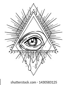 Tattoo flash. Eye of Providence. Masonic symbol. All seeing eye inside triangle pyramid. New World Order. Sacred geometry, religion, spirituality, occultism. Isolated vector illustration.