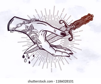 Mano de destello tatuada por la hoja.