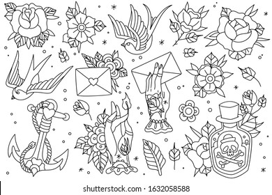 Tattoo Flash Outlines Icons Pack Old Stock Vector (Royalty Free ...