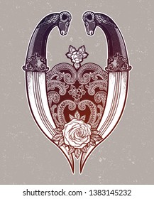 Tattoo flash rose with two daggers. Romantic flesh art festival poster. Vector illustration isolated. Tattoo design, music, occult symbol for your use.