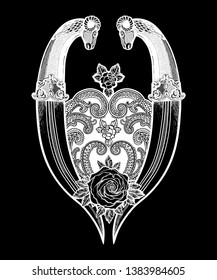 Tattoo flash rose with two daggers. Romantic flesh art festival poster. Vector illustration isolated. Tattoo design, music, occult symbol for your use.