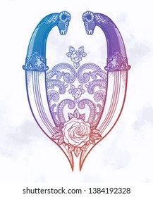 Tattoo flash rose with two daggers. Romantic flesh art festival poster. Vector illustration isolated. Tattoo design, music, occult symbol for your use.