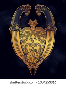 Tattoo flash rose with two daggers. Romantic flesh art festival poster. Vector illustration isolated. Tattoo design, music, occult symbol for your use.