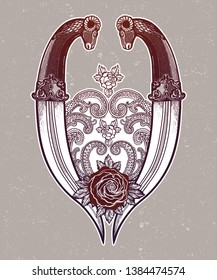 Tattoo flash rose with two daggers. Romantic flesh art festival poster. Vector illustration isolated. Tattoo design, music, occult symbol for your use.