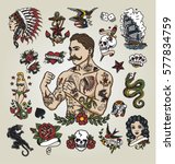 Tattoo flash set. Isolated tattoo hipster man and various tattoo images.