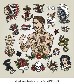 Tattoo flash set. Isolated tattoo hipster man and various tattoo images.