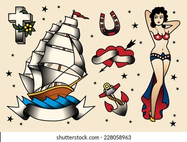 Tattoo Flash Set, Vector Illustration Icon Cartoon.