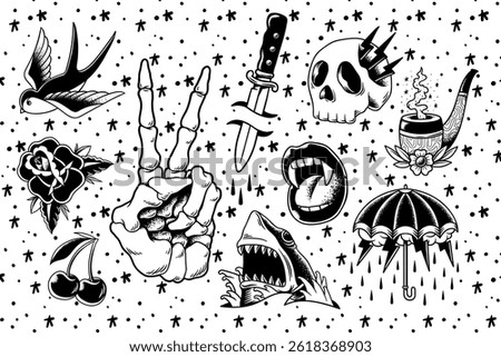 Tattoo flash sheet with classic designs: skull, dagger, rose, and shark. Bold black and white tattoo art. Vintage tattoo flash with skull and dagger motifs. Element vector set.