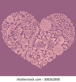 Tattoo floral doodle vector elements set in heart form. Used for seamless patterns, graphic design, decor