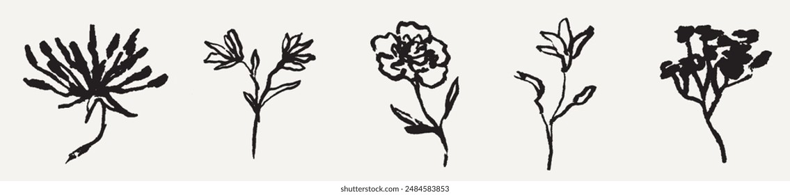 Tattoo flower collection. Contemporary abstract minimal art in charcoal or crayon drawing style botanic plant vector illustration. Ink hand drawn flowers set. Pencil drawn floral elements.