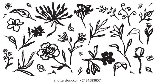 Colección floral de tatuaje. Arte contemporáneo abstracto mínimo en carbón o crayón estilo de dibujo planta botánica Ilustración vectorial. Conjunto de flores silvestres dibujadas a mano. Elementos florales dibujados a lápiz 