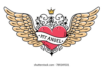Tattoo flying heart with crown and forged ornament. Tattoo heart with wings, ribbon and flowers. Tattoo with phrase MY ANGEL. Retro illustration
