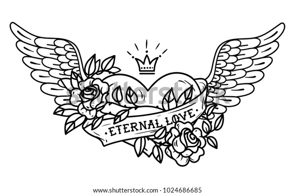 Tattoo Flying Heart Entwined Climbing Rose Stock Vector (Royalty Free ...