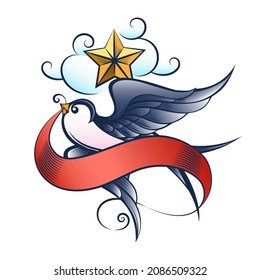 Tattoo of Flying Swallow with Star and Ribbon isolated on white.
Vector illustration