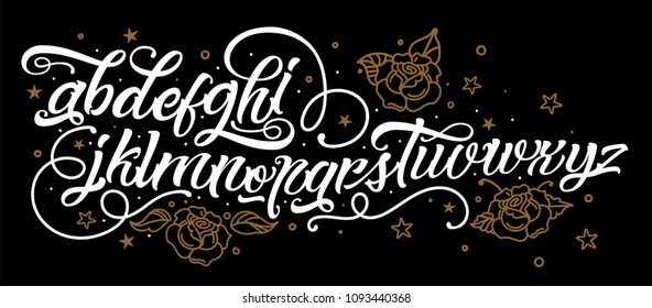 Tattoo font. Vintage style alphabet. Letters on black background. Vector typeface for your design.