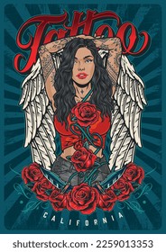 Tattoo girl angel poster colorful roses and knives near woman with wings showing cool ink drawings on hands vector illustration