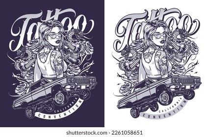 Tattoo girl racer monochrome flyer with car and fashionable woman from California among snakes and skulls vector illustration