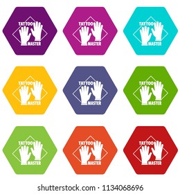 Tattoo gloves icons 9 set coloful isolated on white for web