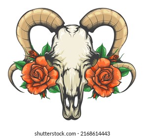 Tattoo of Goat Skull with Rose Flowers Tattoo drawn in engraving style isolated on white. Vector Illustration.