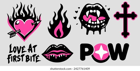 Pegatinas de estilo gótico tatuaje con labios negros, corazón con flecha, llama de fuego. Conjunto de ilustraciones vectoriales en estilo Y2K en colores negro y rosa.