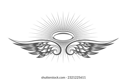 Tattoo of Halo with Wings Religious Angel in Engraving style Isolated on White Background. Vector illustration