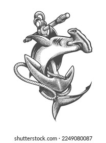 Tattoo of Hammerhead Shark and Ship Anchor drawn in Engraving Style. Vector illustration isolated on white background