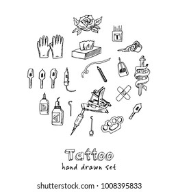Tattoo Hand drawn doodle set. Vector illustration. Isolated elements on white background. Symbol collection.