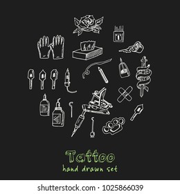 Tattoo Hand drawn doodle set. Vector illustration. Isolated elements on black background. Symbol collection.