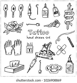 Tattoo Hand drawn doodle set. Vector illustration. Isolated elements on white background. Symbol collection.