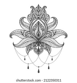 Tattoo of Hand Drawn Mehndi Lotus Flower Pattern isolated on white background. 