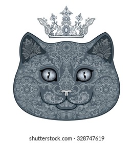 Tattoo. Head of a beautiful gray cat with floral ornament and crown. Vector illustration.