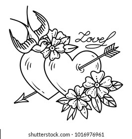 Tattoo heart with arrow. Two hearts pierced by arrow with flowers and bird. Love. Old school tattoo art. Black and white Illustration, sticker for Valentines Day.