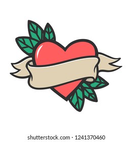 Tattoo Heart With Beige Ribbon. Old School Retro Vector Illustration .