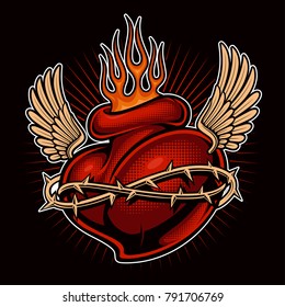 Tattoo heart with flame and wings . Chicano tattoo shirt design. Tattoo art. All elements, colors are on the separate layers. (color version)