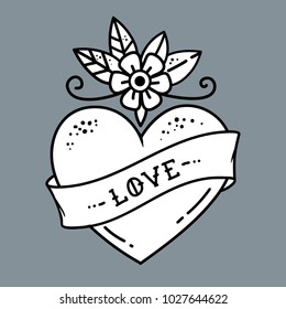 Tattoo heart with flower and ribbon with lettering Love. Old school style. Line art drawing. Symbol of Love. Black and white illustration