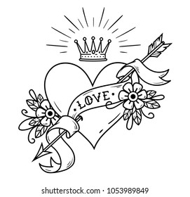 Tattoo heart pierced by arrow with ribbon, flowers and radiant crown. Old school tattoo. Inscription Love. Holiday black and white illustration for Valentines Day.