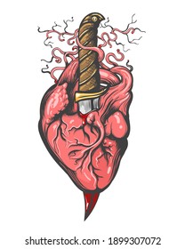 Tattoo of Heart pierced by Dagger. Vector illustration.