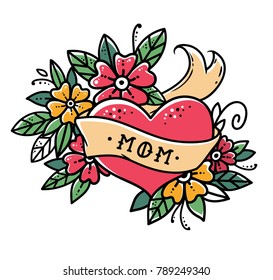 Tattoo Heart With Ribbon, Flowers And Word MOM. Old School Retro Vector Illustration. Retro Tattoo.