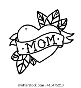 Tattoo Heart and ribbon   the word mom without color   Old school retro tattoo vector illustration 