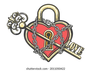 Tattoo Heart Shaped Lock in Chains and Key  Love concept tattoo isolated white  Vector illustration 